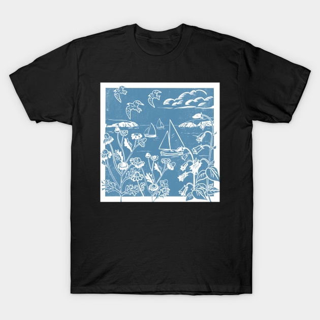 Seaside Linoprint of Sailing Boats and Blue Skies T-Shirt by NattyDesigns